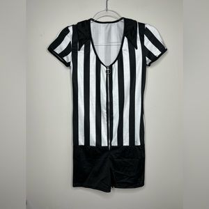Halloween sexy referee dress up costume. Black and white romper. Onesie. S/M.